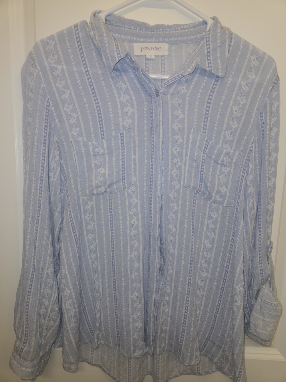 Pink Rose Light Blue Striped Floral-Trim Button-Down Shirt